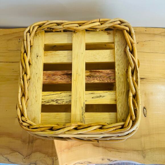 Vintage Woven Wicker Basket w/ Handles Wood Slats Bottom Decor Fruit Centerpiece - Picture 12 of 15